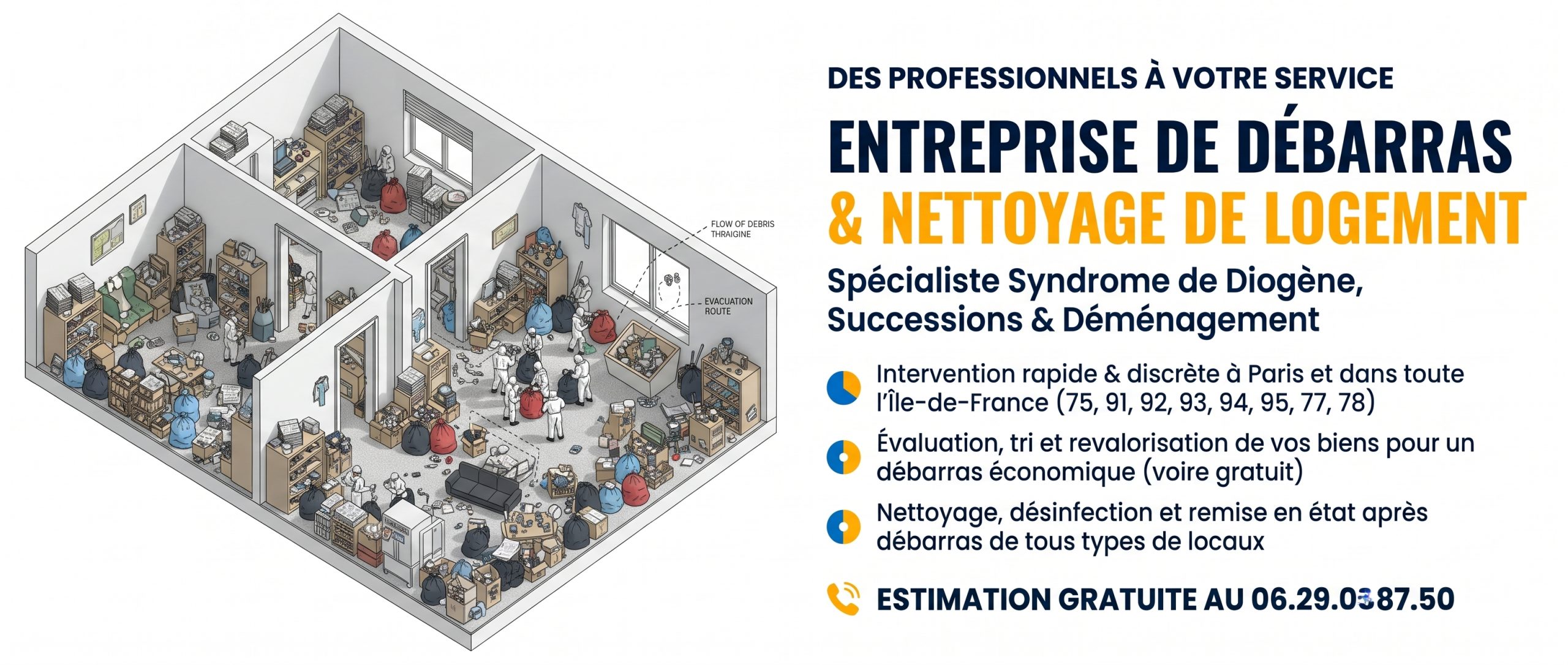Entreprise de débarras et nettoyage de logement en Île-de-France, spécialisée en succession et syndrome de Diogène.